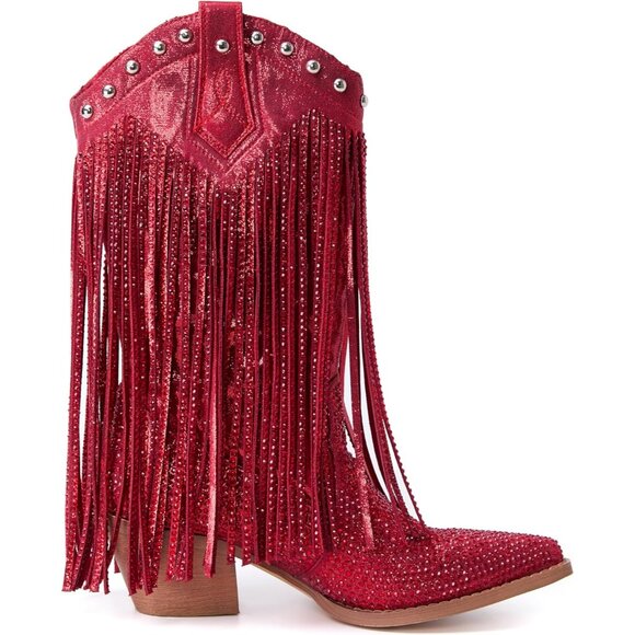 ⚡Women's Red Pointed toe Thick Heel Ankle Boots Ladies Crystal Embroider - Picture 2 of 6